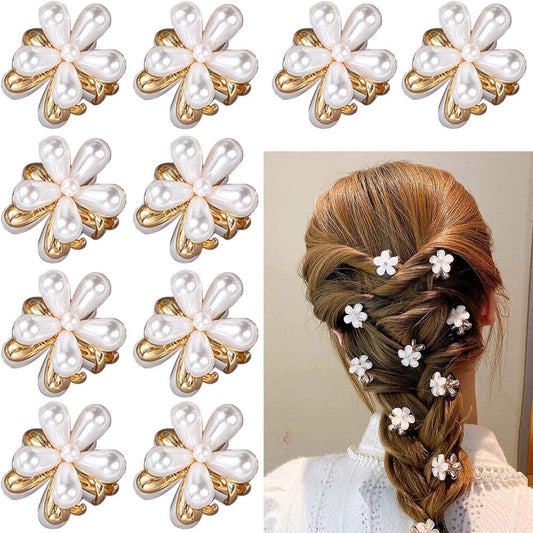 Korean Style Small Pearl Mini Hair Claw Clips with Flower Design (Pack of 10)